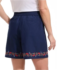 Lands' End Women's Poplin Embroidered High Rise 7" Pull On Shorts