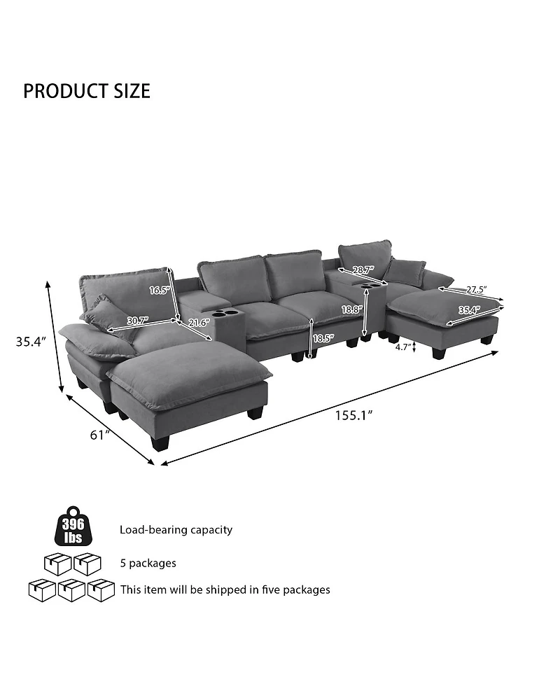 Streamdale Furniture Modular U-Shape Cloud Couch with Storage, Cup Holders, Usb and Ottomans