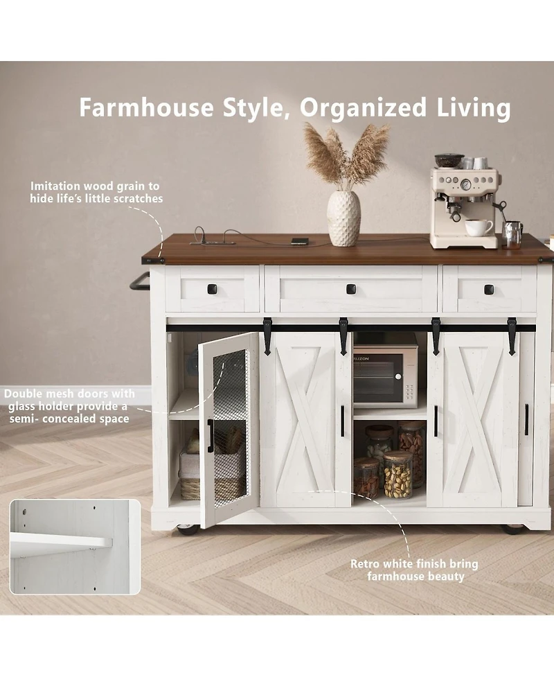 Streamdale Furniture 58inch Farmhouse Rolling Kitchen Island with Storage, Drop Leaf and Barn Door