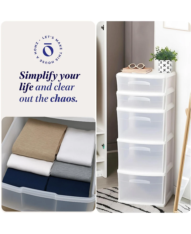 Homz Plastic 5 Drawer Medium Home Storage Cart, White Frame with Clear Drawer