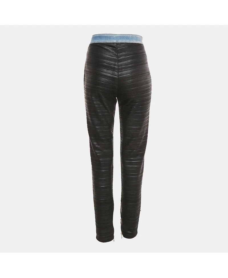 Pre-Owned Balmain Women's Black Denim Trim Stretch Crepe Pleated Pants