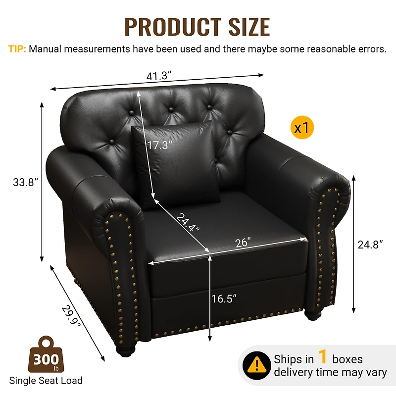 Streamdale Furniture 41.3" Faux Leather Chesterfield Sofa with Nailhead Trim and Pillows