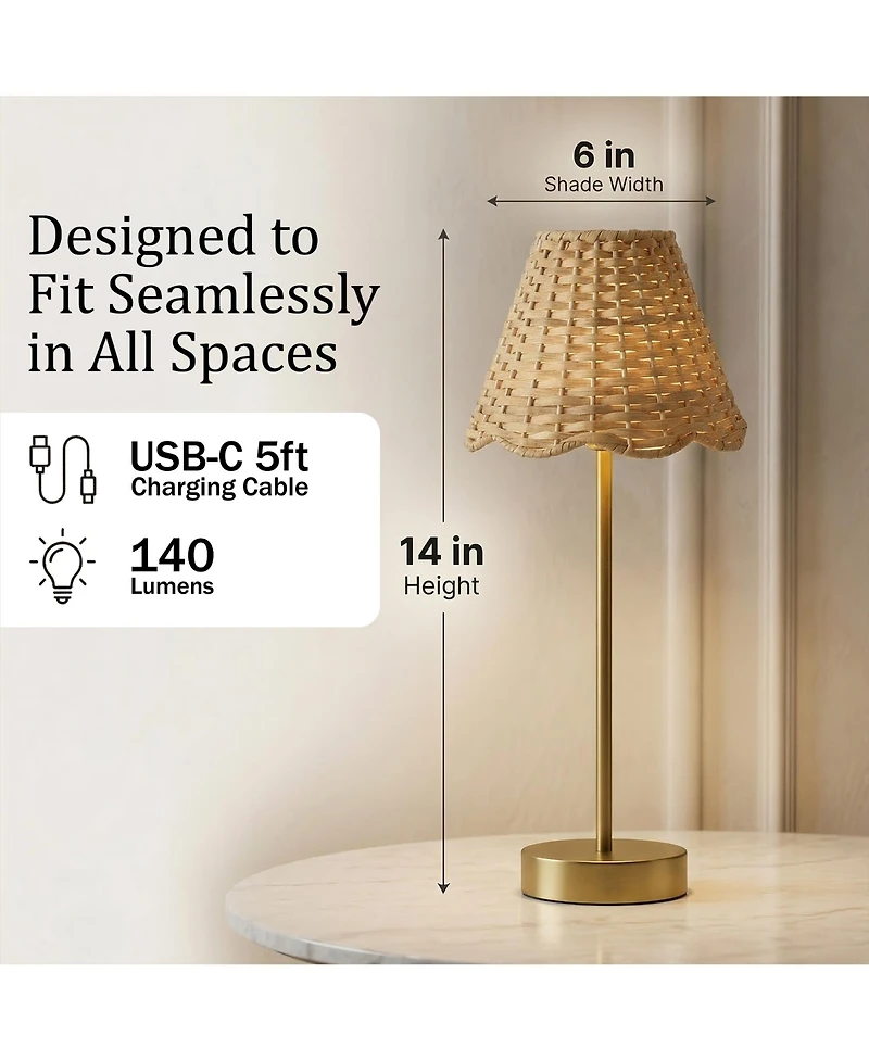 Bell + Howell Woven Scallop Shade Plain Stem Rechargeable Touch Control Led Dimmable Cordless Table Lamp