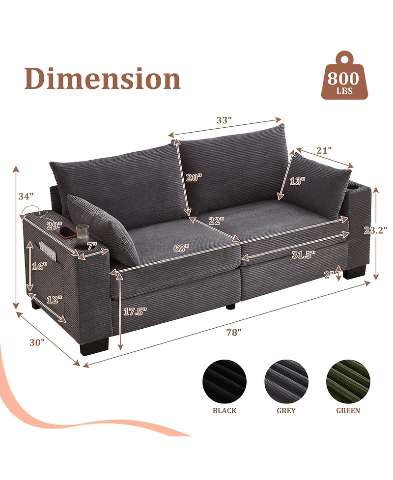 Streamdale Furniture 78" Modern Corduroy 3-Seater Sofa with Usb, Cup Holders, and Side Pocket