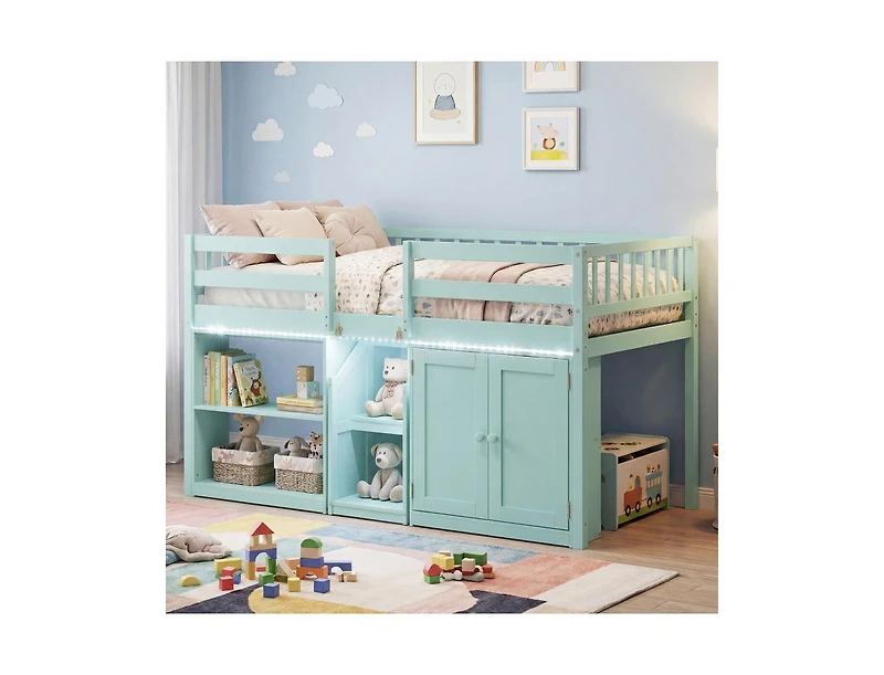 Slickblue Kids Twin Loft Bed with Led Lights and Durable Wooden Frame for Small Spaces
