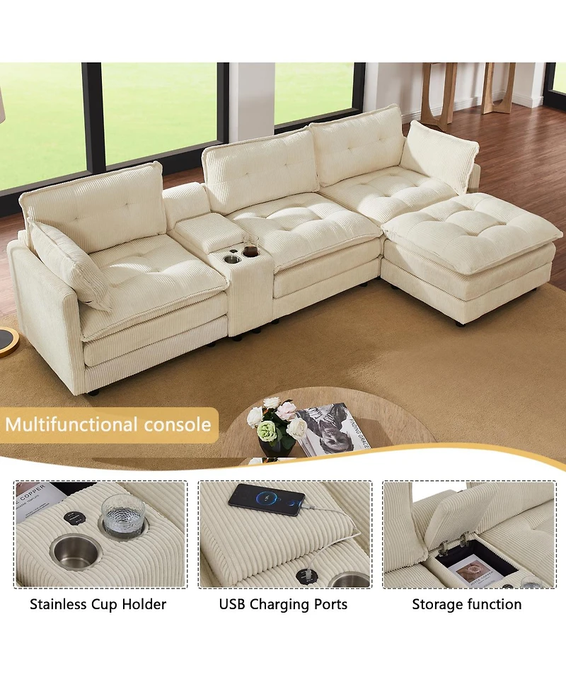 Streamdale Furniture 119" L-Shaped Corduroy Modular Sectional Sofa with Ottoman and Console