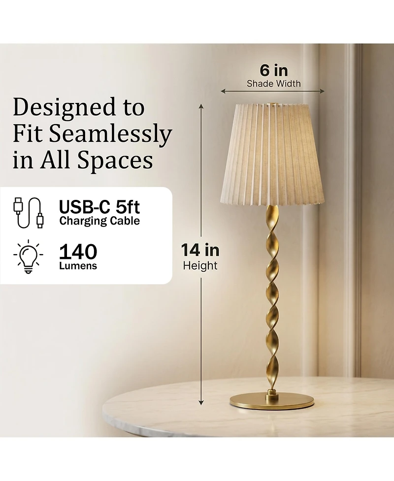 Bell + Howell Twisted Stem Pleated Shade Rechargeable Touch Control Led Dimmable Cordless Table Lamp