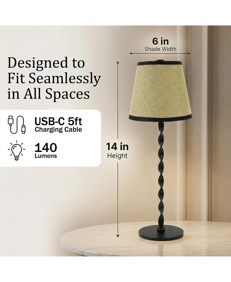 Bell + Howell Twist Stem Twisted Linen Shade Rechargeable Touch Control Led Dimmable Cordless Table Lamp