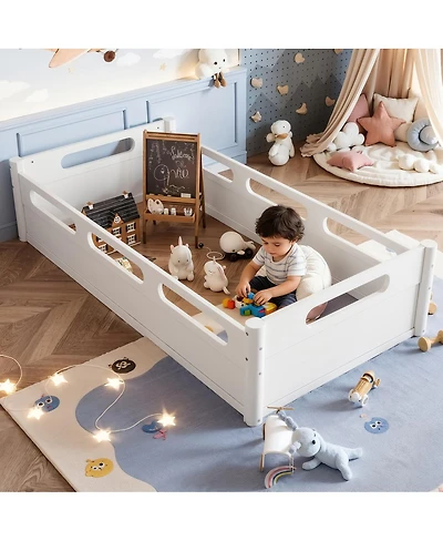 Streamdale Furniture Floor Platform Bed with Guardrails, Low Profile