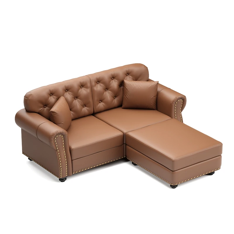 Streamdale Furniture 63" Faux Leather Chesterfield Sofa with Nailhead Trim and 2 Pillows