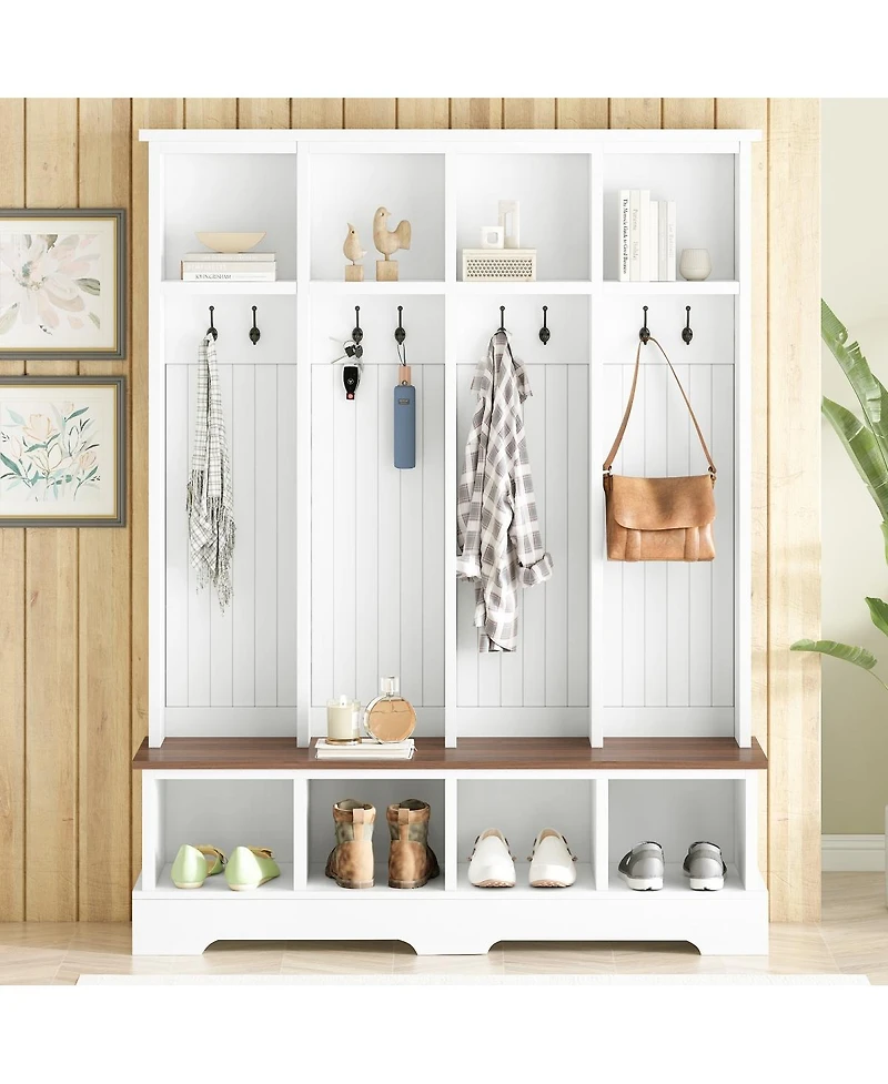 Streamdale Furniture Farmhouse 3-in-1 Hall Tree with Bench, 8 Hooks, and Shoe Storage