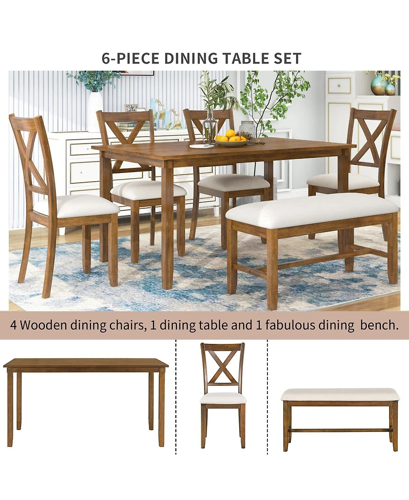 Streamdale Furniture 6 Piece Rectangular Dining Table Set with 4 Fabric Chairs and Bench