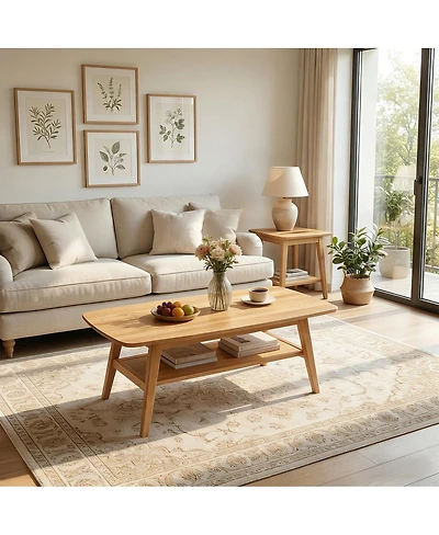 Streamdale Furniture Mid-Century Modern Solid Oak Coffee Table with Storage Shelf