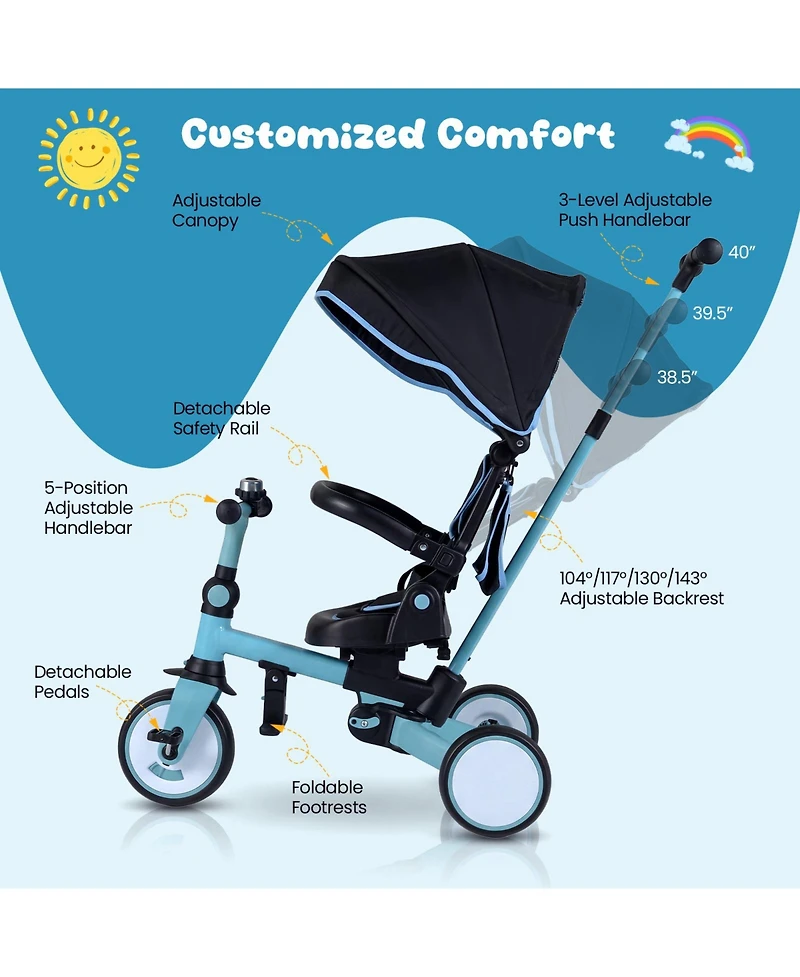 Slickblue Toddler Tricycle 8-in-1 with Push Handle and Canopy