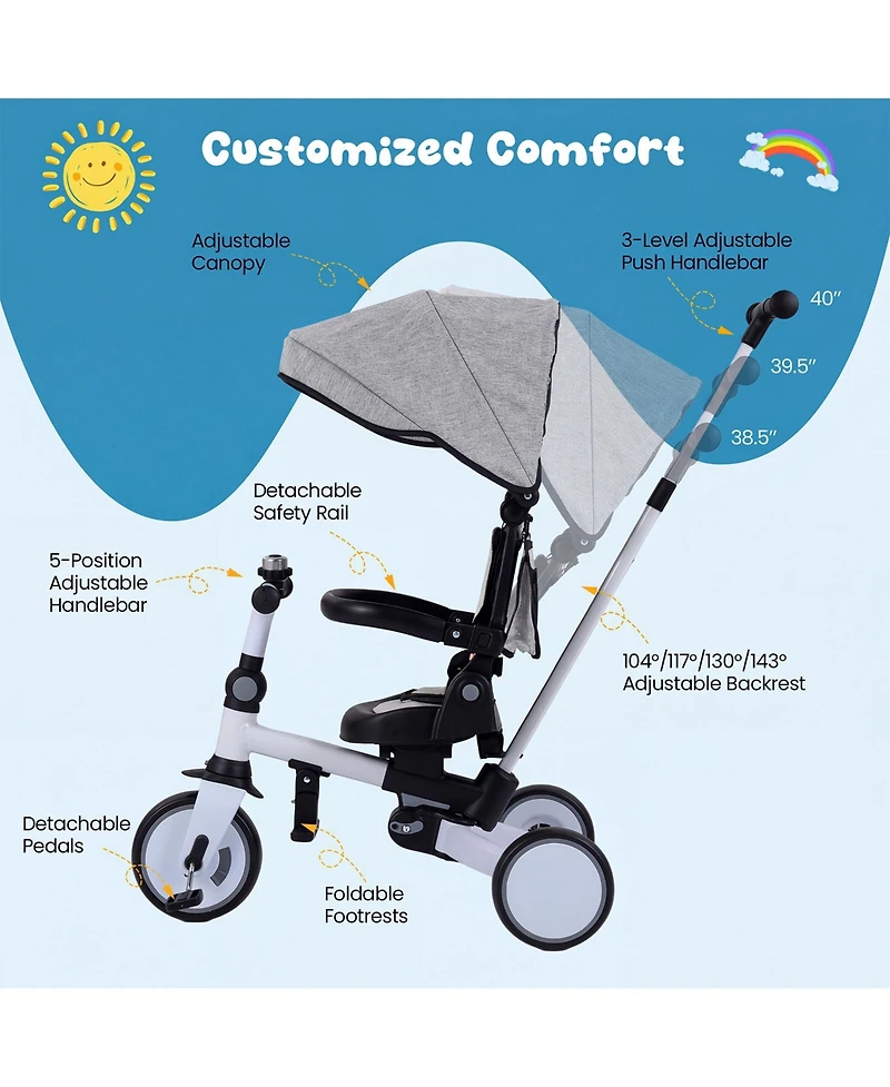 Slickblue Toddler Tricycle 8-in-1 with Push Handle and Canopy