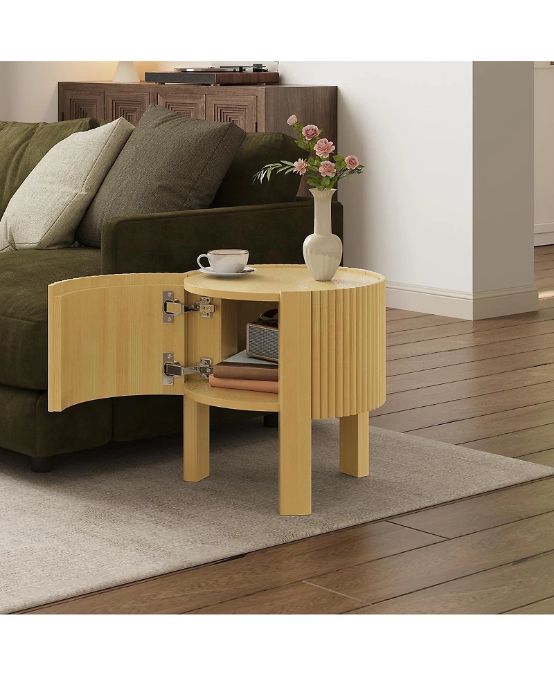 Streamdale Furniture Round Fluted Side Table with Storage, Solid Wood, 19.6