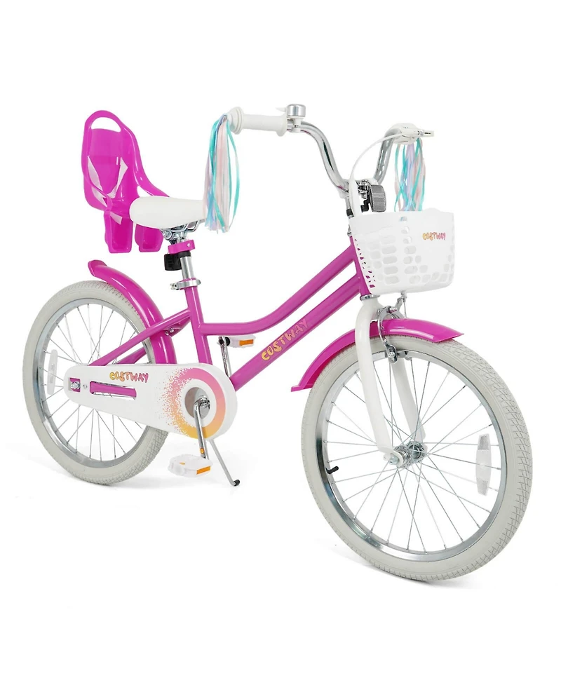 Costway Girls Bike, 20" Kids Bicycle with Basket, Doll Seat, Colorful Streamers, Reflectors