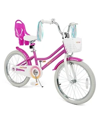 Costway Girls Bike, 20" Kids Bicycle with Basket, Doll Seat, Colorful Streamers, Reflectors