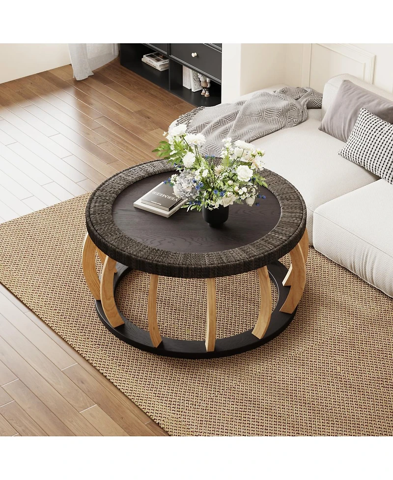 Streamdale Furniture Vintage Rattan and Solid Wood Round Coffee Table