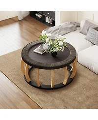 Streamdale Furniture Vintage Rattan and Solid Wood Round Coffee Table