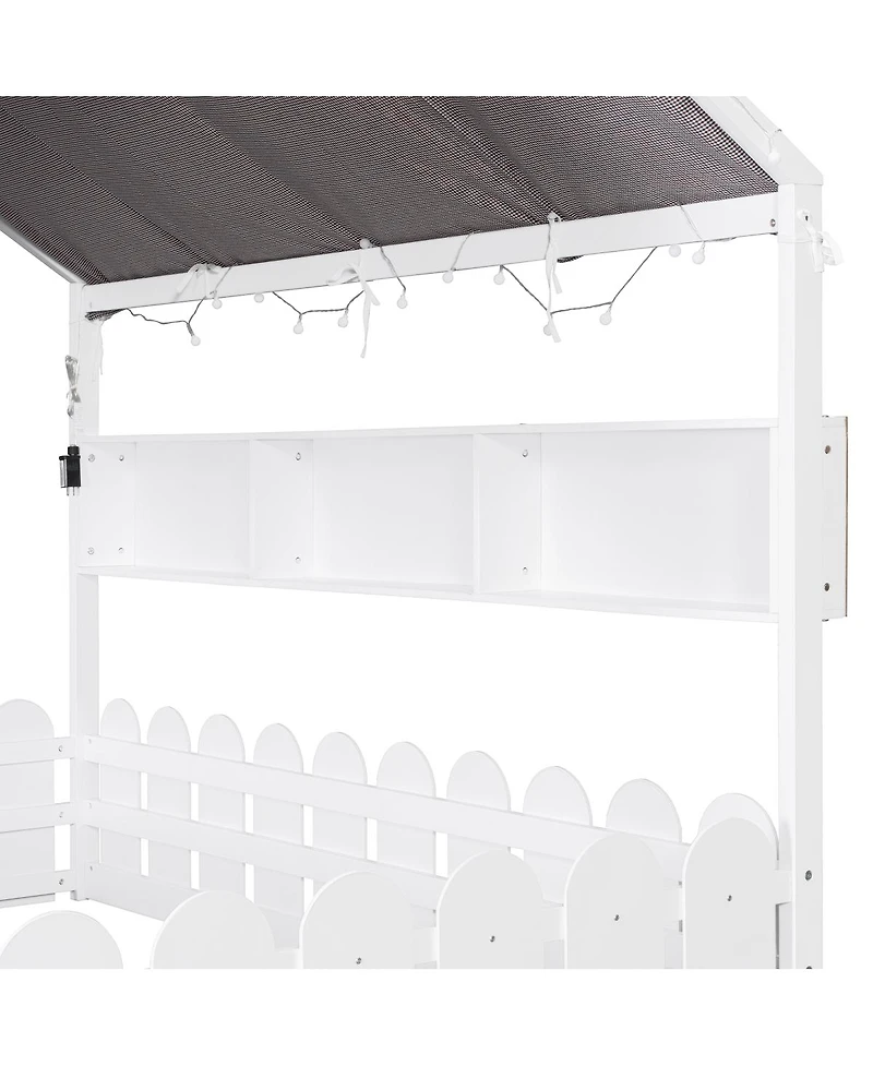 Streamdale Furniture Montessori House Bed with Fence, Lights and Storage