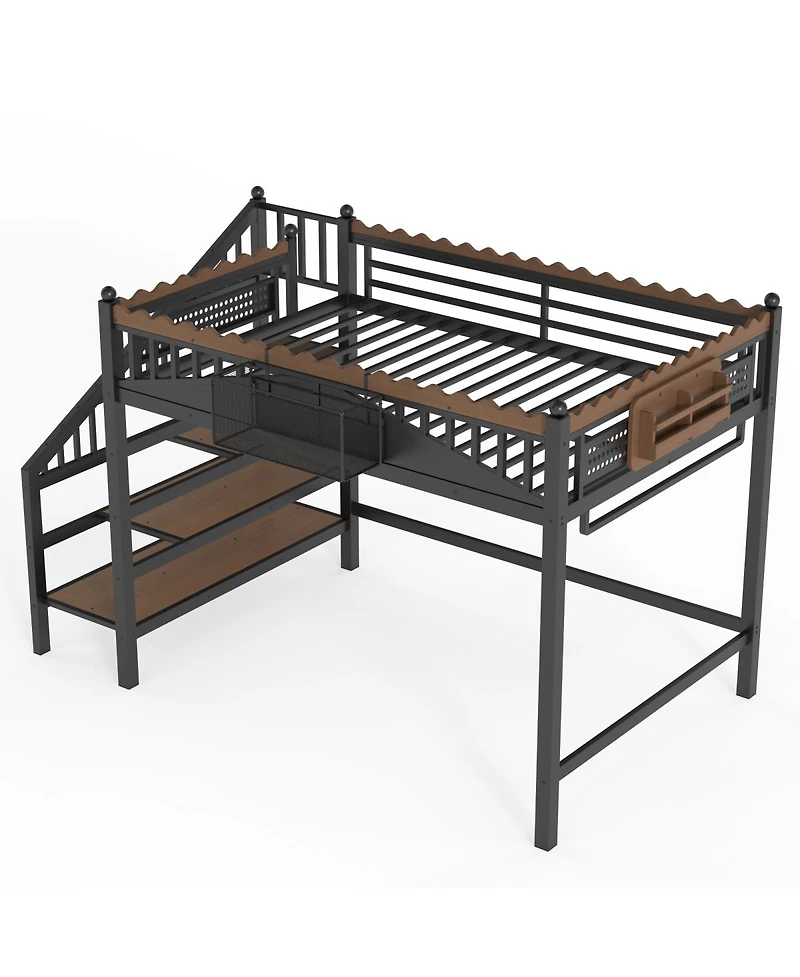 Streamdale Furniture Metal Loft Bed with Storage Stairs and Shelves