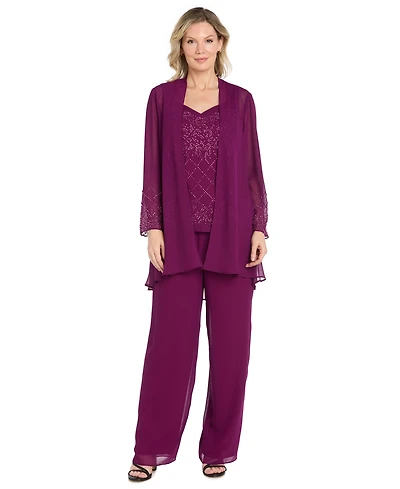 R & M Richards Women's Beaded Georgette Pull-On Tank Top, Jacket Pants, 3-Piece Set