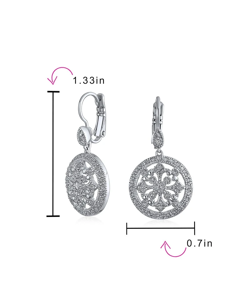 Bling Jewelry Vintage Style Bridal Round Medallion Cubic Zirconia Cz Dangle Statement Earrings Silver Plated