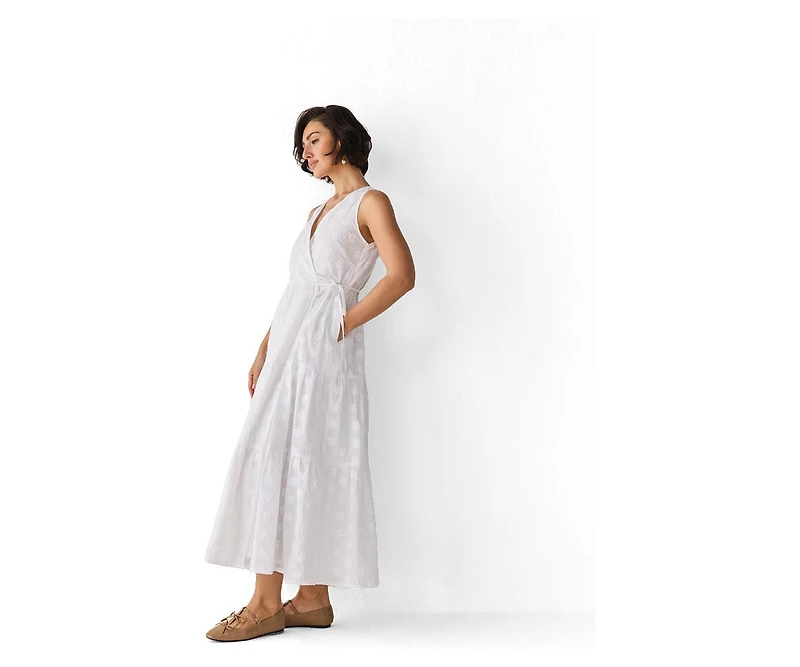 Reistor Women's Embroidered Cotton Tiered Wrap Maxi Dress