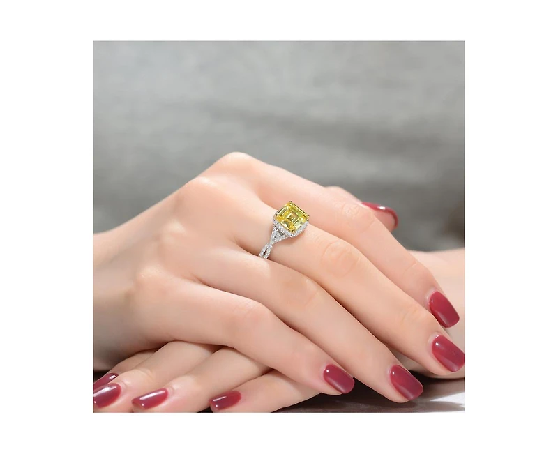 Sterling Silver White Gold Plated Yellow Cushion Cubic Zirconia with Clear Round Zirconias Accent Twisted Ring