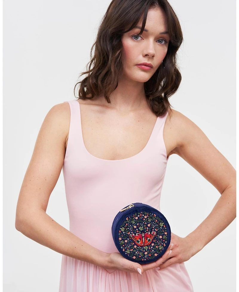 Fable England Women's Butterfly Velvet Embroidered Circle Jewellery Box