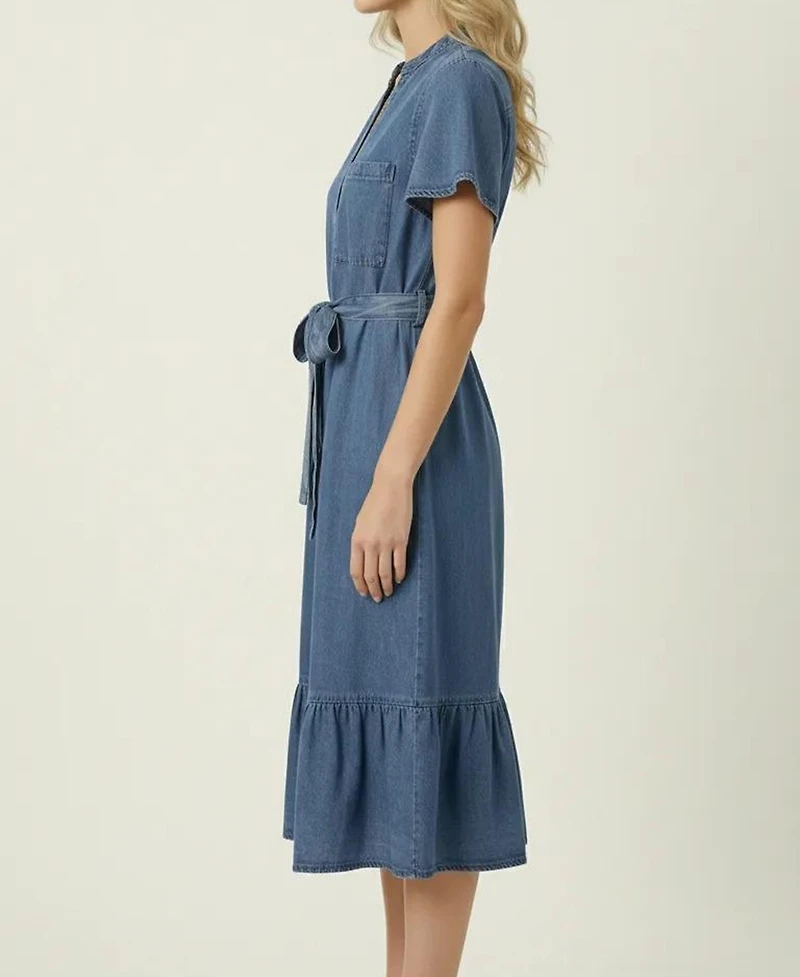 Modenaire Women's Belted Denim Midi Shirt Dress
