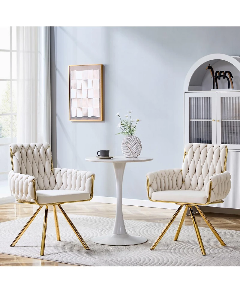 Streamdale Furniture Set of 2 Modern Velvet Braided Dining Chairs with Gold Metal Legs