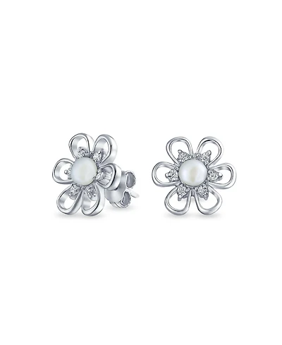 Bling Jewelry Freshwater Cultured Pearl Daisy Flower Stud Earrings .925 Sterling Silver