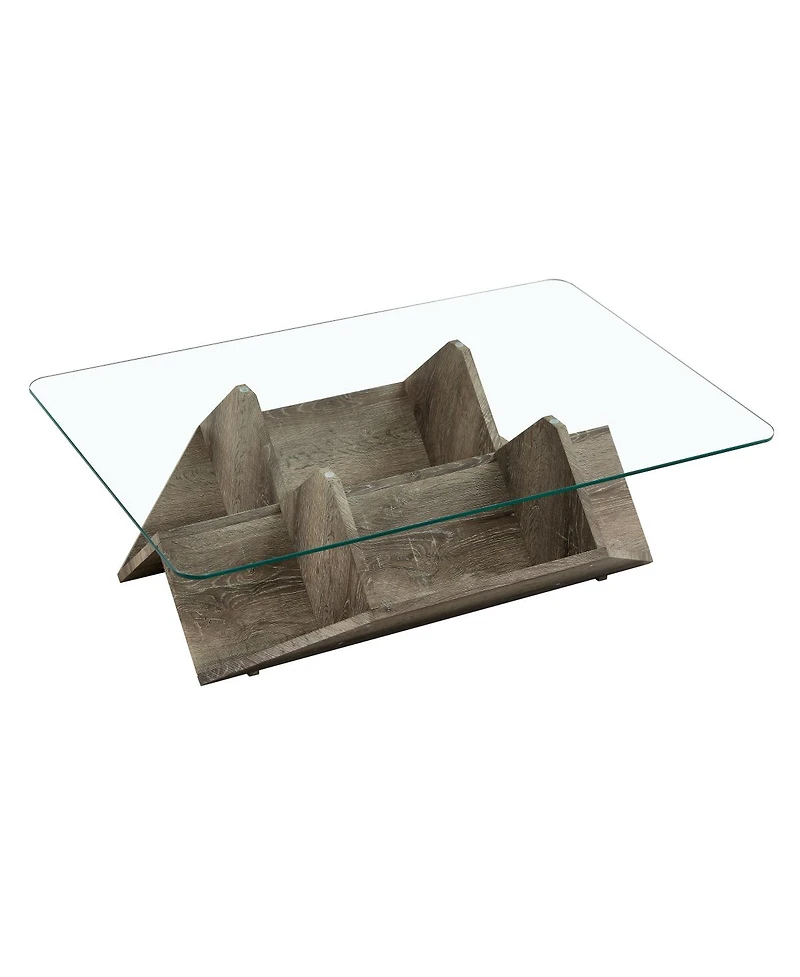 Streamdale Furniture Tempered Glass and Mdf Coffee Table with Carved Wood Grain and Storage