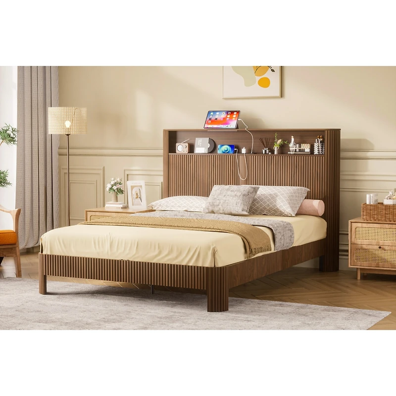 Streamdale Furniture Wave-Shaped Bed Frame with Storage and Charging Ports