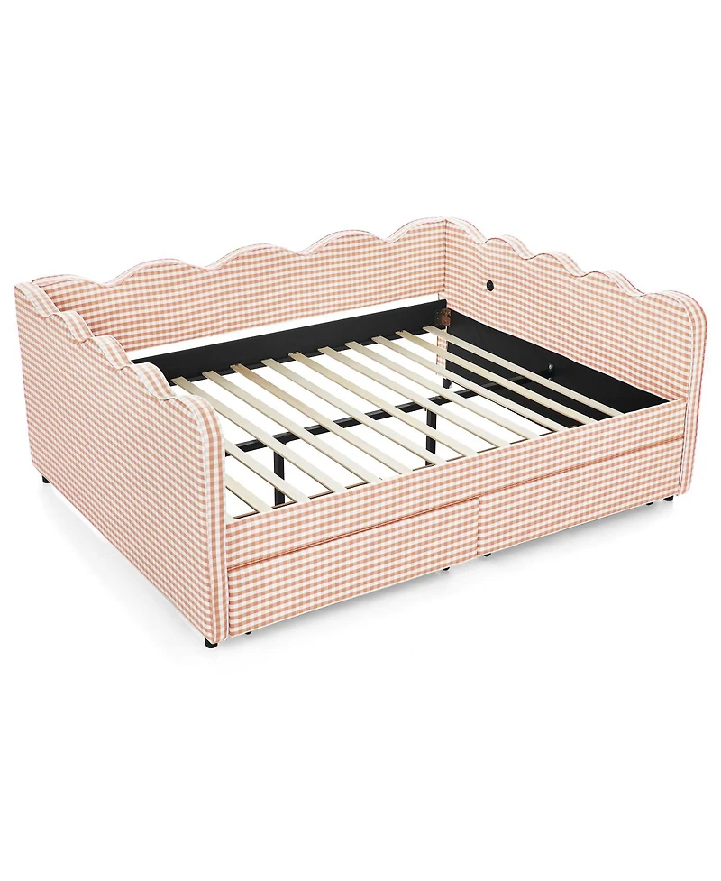 Streamdale Furniture Gingham Daybed with Storage Drawers, Usb Port and Wave Headboard