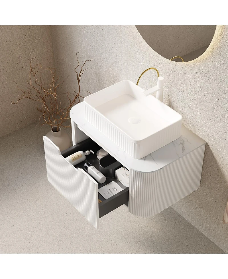 Sillysis Wall Mounted Bathroom Vanity with Rectangular Ceramic Basin, Sintered Stone Top, Stripe Panel