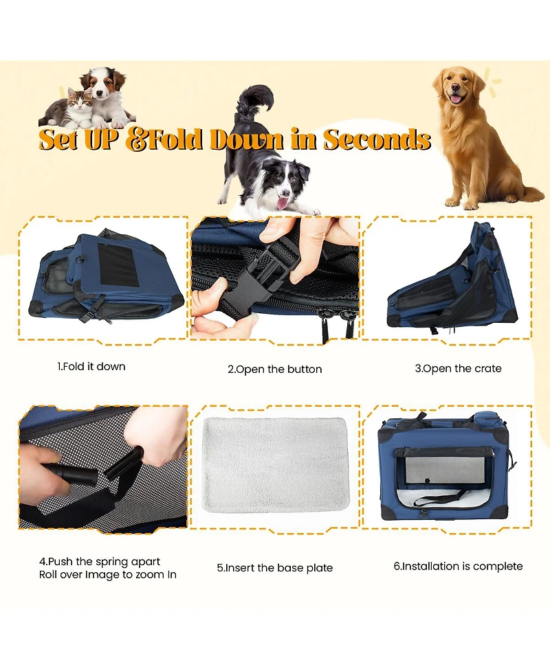 Streamdale Furniture 32'' Portable 3-Door Soft Dog Crate with Mesh Windows and Fleece Mat