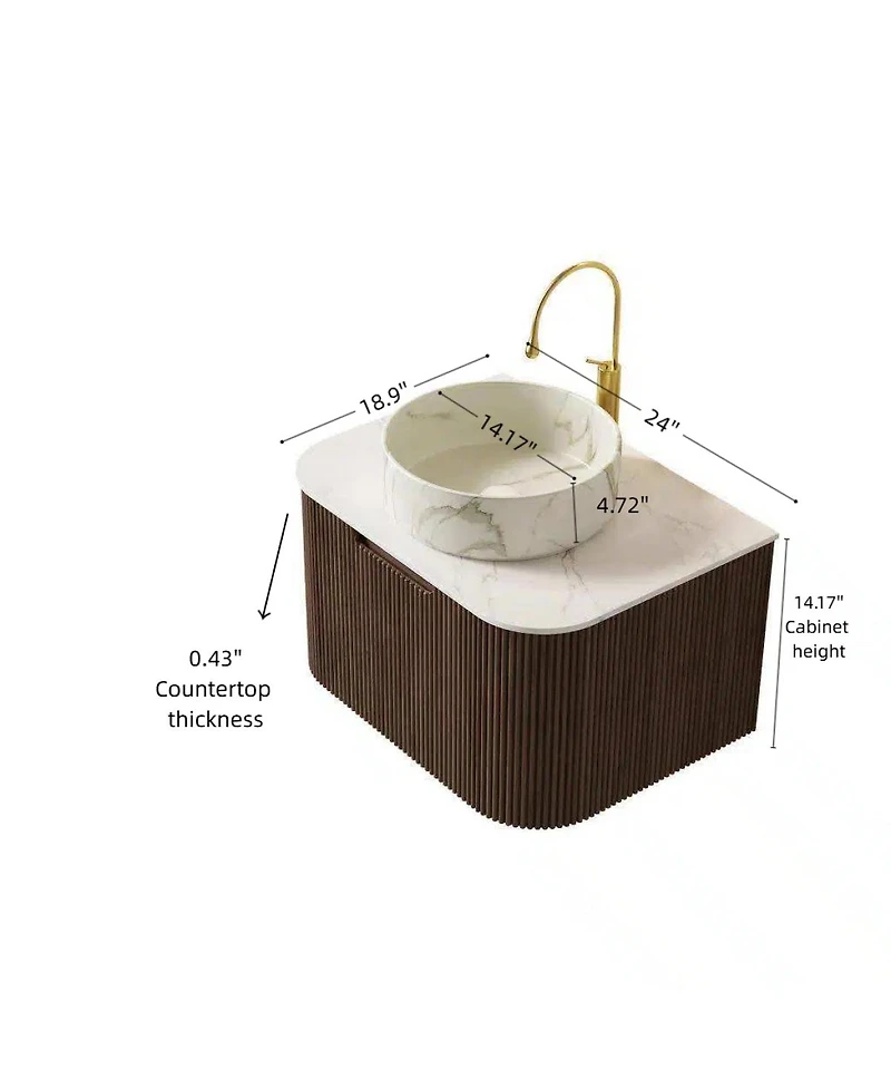 Sillysis Wall Mounted Bathroom Vanity with Sintered Stone Top, Round Ceramic Basin, Stripe Drawer
