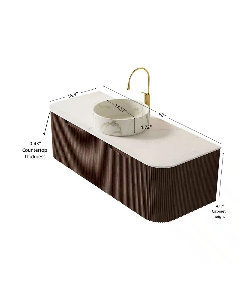 Sillysis Wall Mounted Bathroom Vanity with Sintered Stone Top, Round Ceramic Basin, Stripe Drawer, Pre-assemble