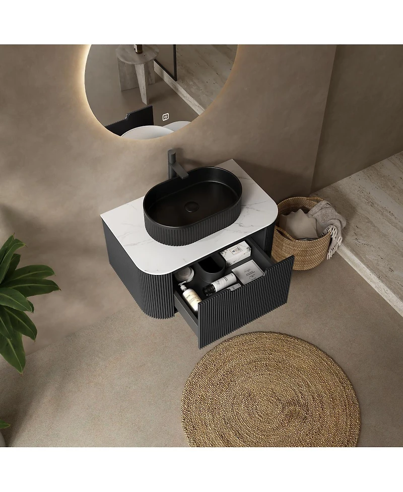 Sillysis Wall Mounted Bathroom Vanity with Sintered Stone Top, Oval Ceramic Sink, Striped Drawer Panel