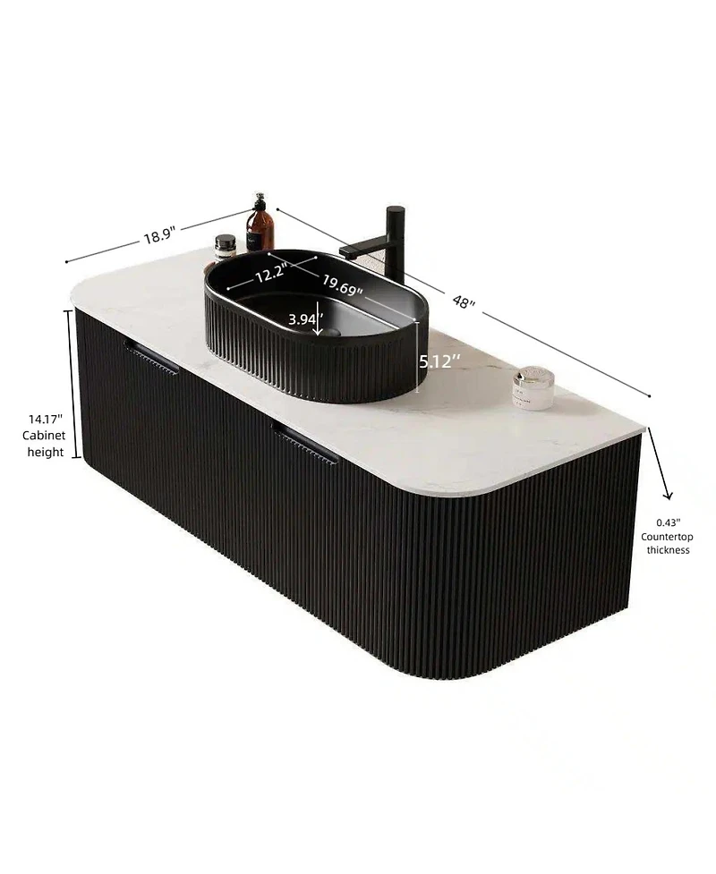 Sillysis Wall Mounted Bathroom Vanity with Sintered Stone Top, Oval Ceramic Sink, Striped Drawer Panel