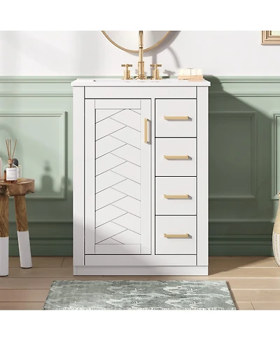 Sillysis 24 Inch Modern Bathroom Vanity with Sink, Solid Wood Mdf Cabinet 3 Soft Close Drawers, Space-Saving Storage