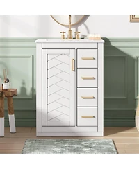 Sillysis 24 Inch Modern Bathroom Vanity with Sink, Solid Wood Mdf Cabinet 3 Soft Close Drawers, Space-Saving Storage
