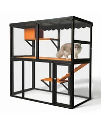 Streamdale Furniture Wooden Outdoor Catio Enclosure with Waterproof Cover and 4-Tier Ramp