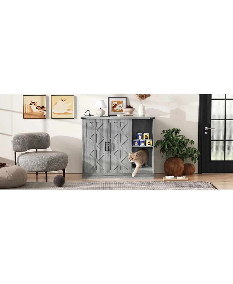 Streamdale Furniture Modern Cat Litter Box Cabinet with Power Outlet and Storage