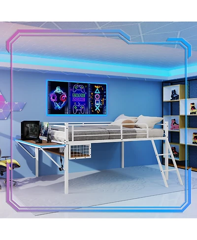 Streamdale Furniture Metal Loft Bed with Desk, Led Lights, and Storage