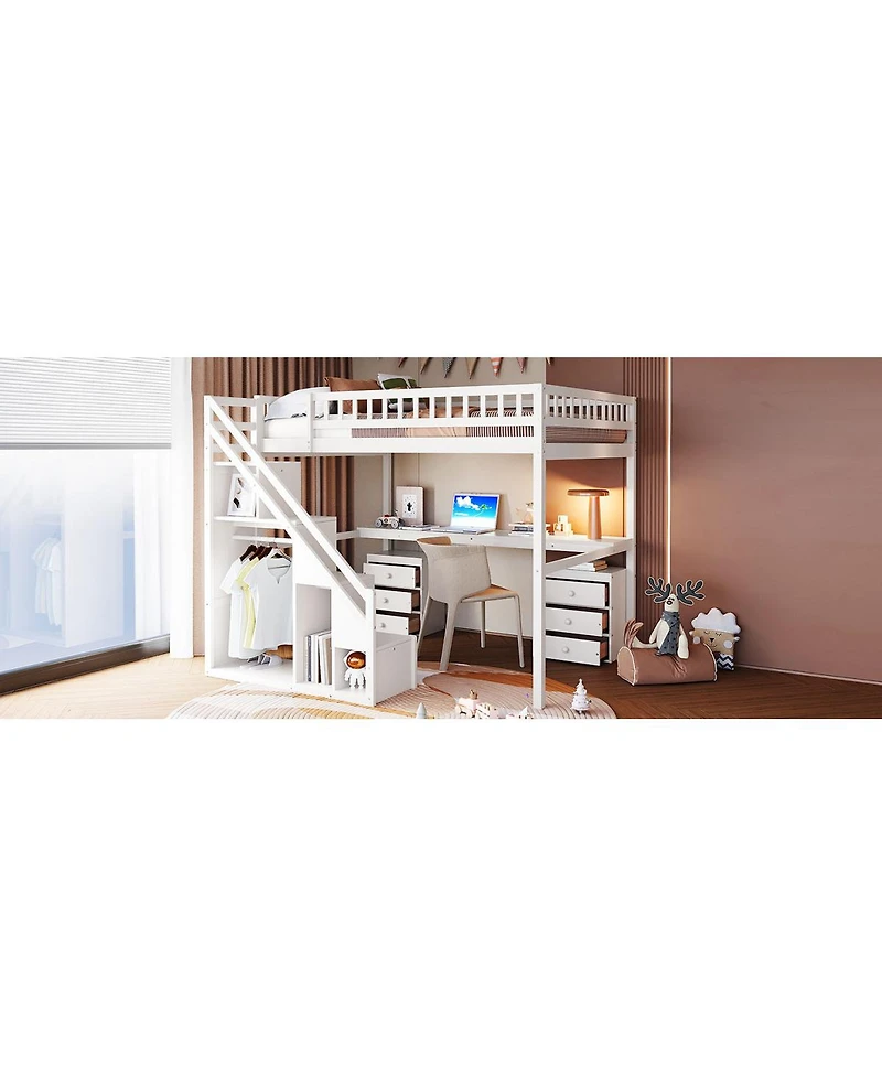 Streamdale Furniture Loft Bed with Two Chest of Drawers, Desk and Light Strip