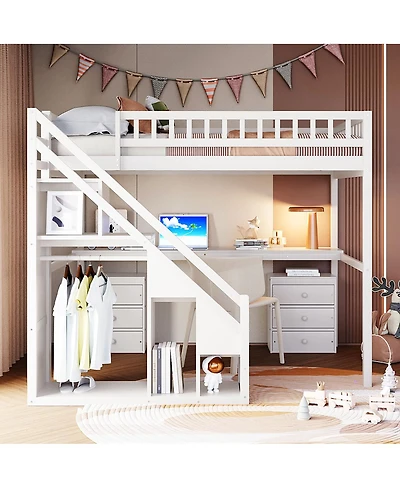 Streamdale Furniture Loft Bed with Two Chest of Drawers, Desk and Light Strip